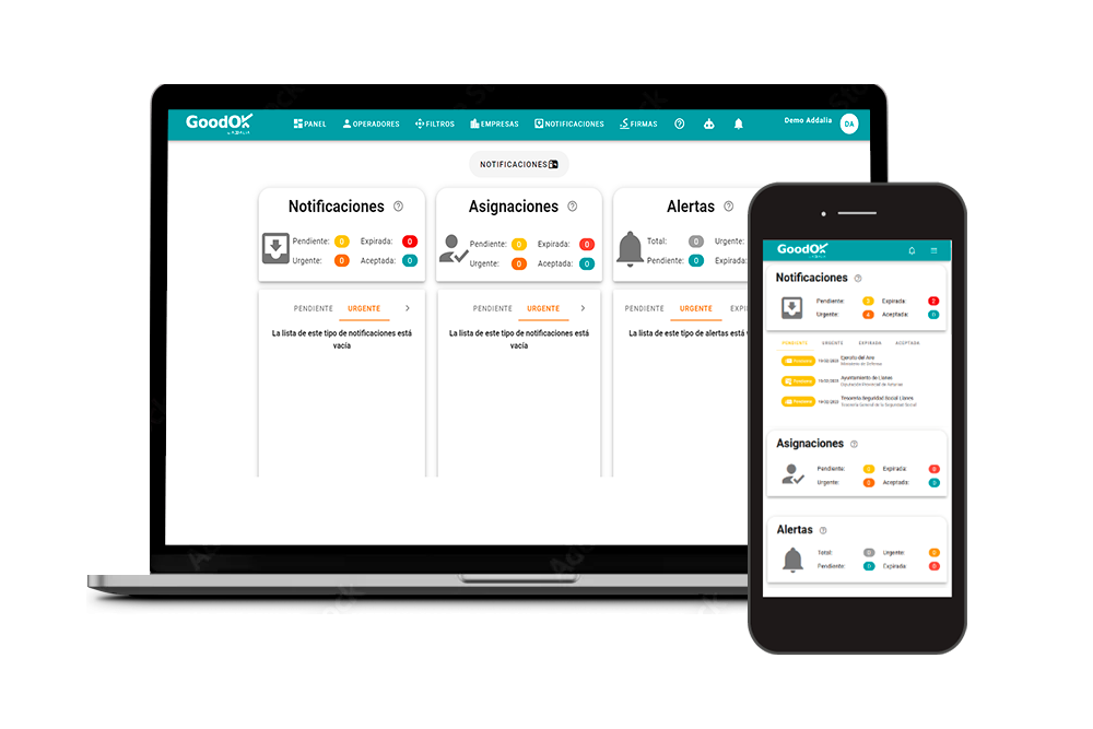 Panel de control de GoodOK Notifica para la gestión masiva de notificaciones electrónicas