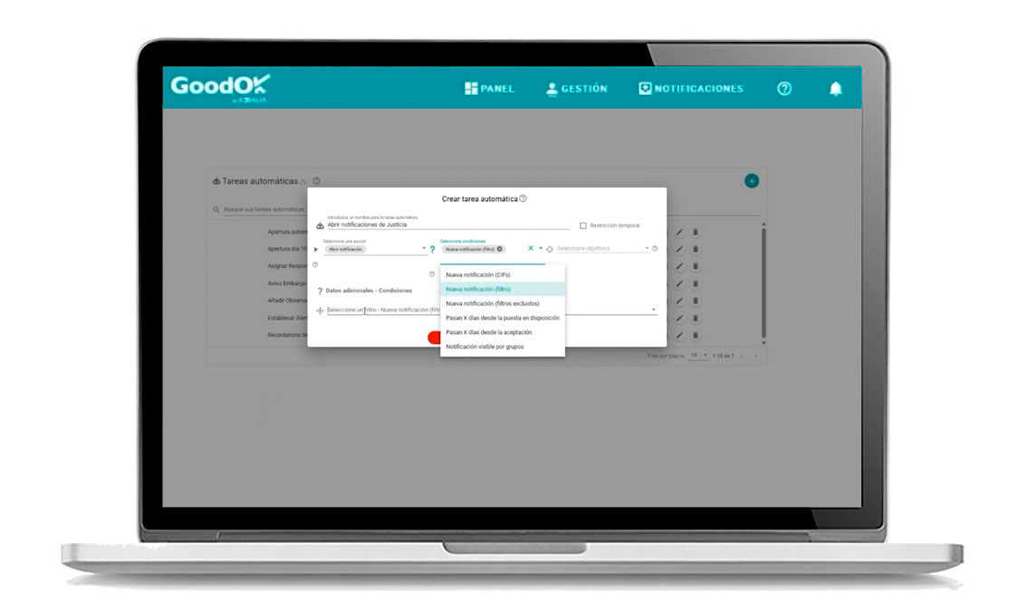 "Interfaz de la plataforma GoodOK para la gestion de notificaciones