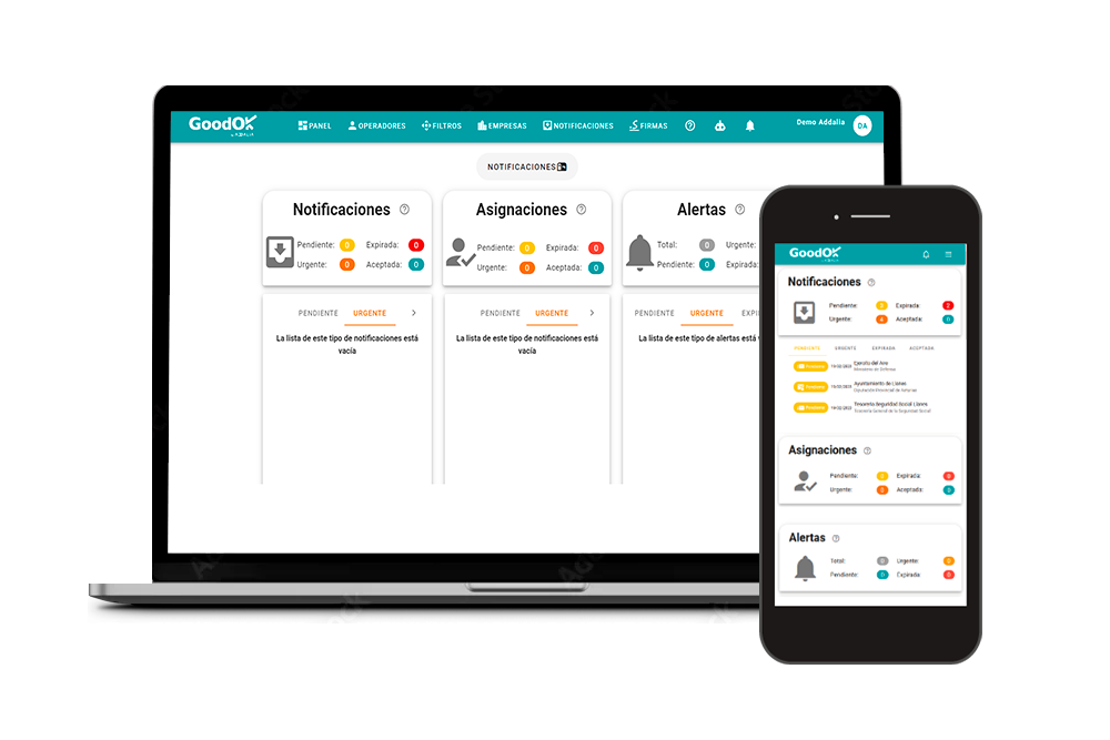 Panel de control de GoodOK Notifica para la gestión centralizada de notificaciones electrónicas DEHú en despachos y asesorías.